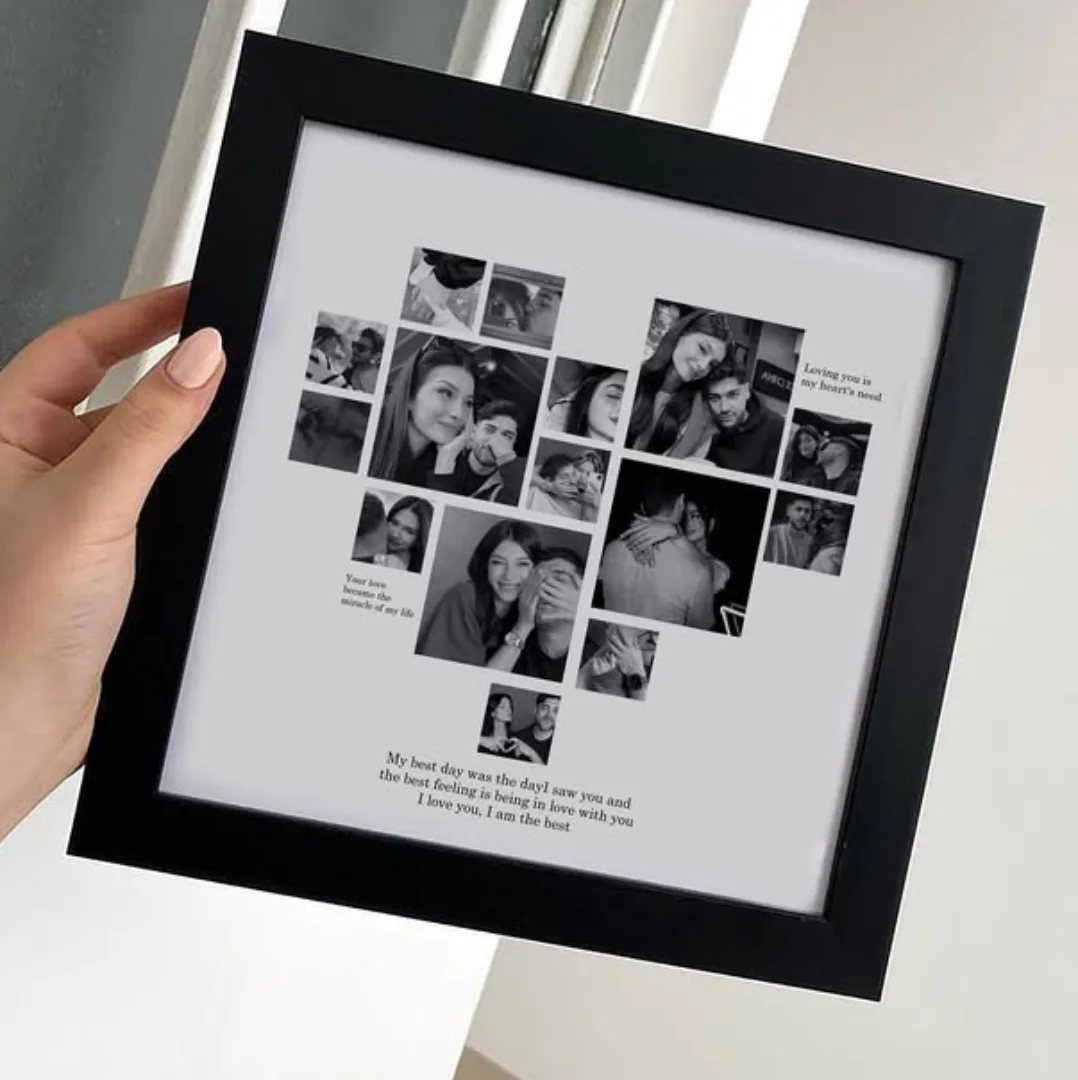 Black picture frame containing black and white photos of a couple arranged as a heart.