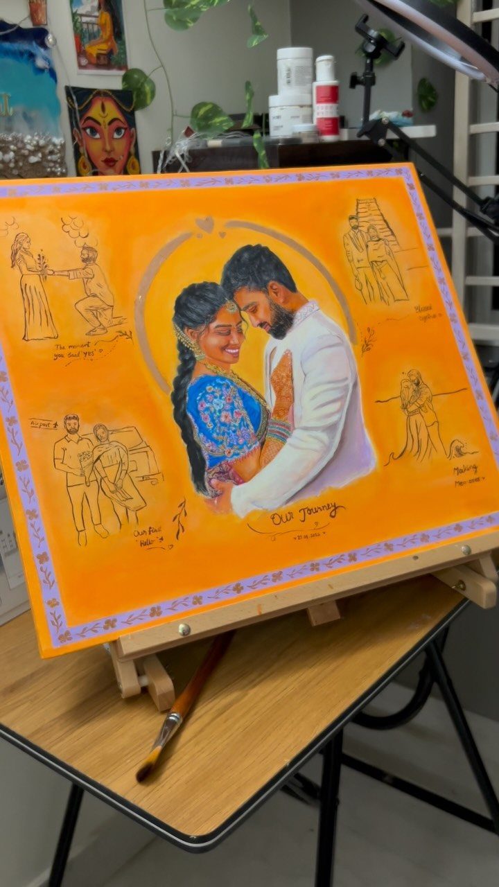 Custom orange canvas painting of a couple with relationship milestones and sketches.
