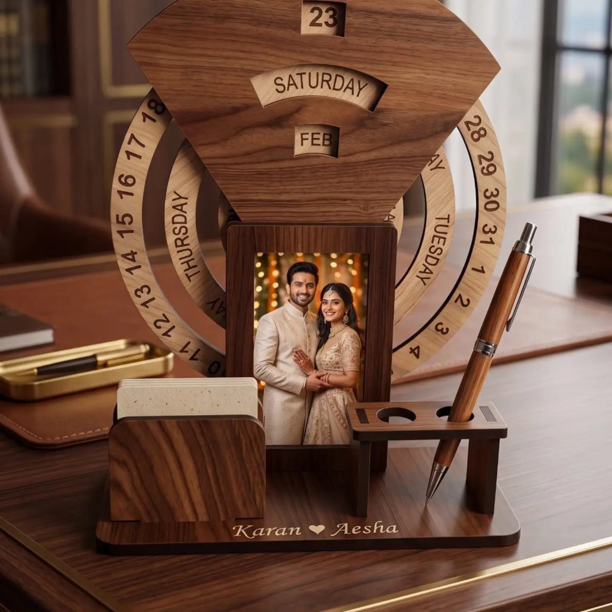 Wooden desk organizer with a couple's photo, rotating calendar, and engraved names.