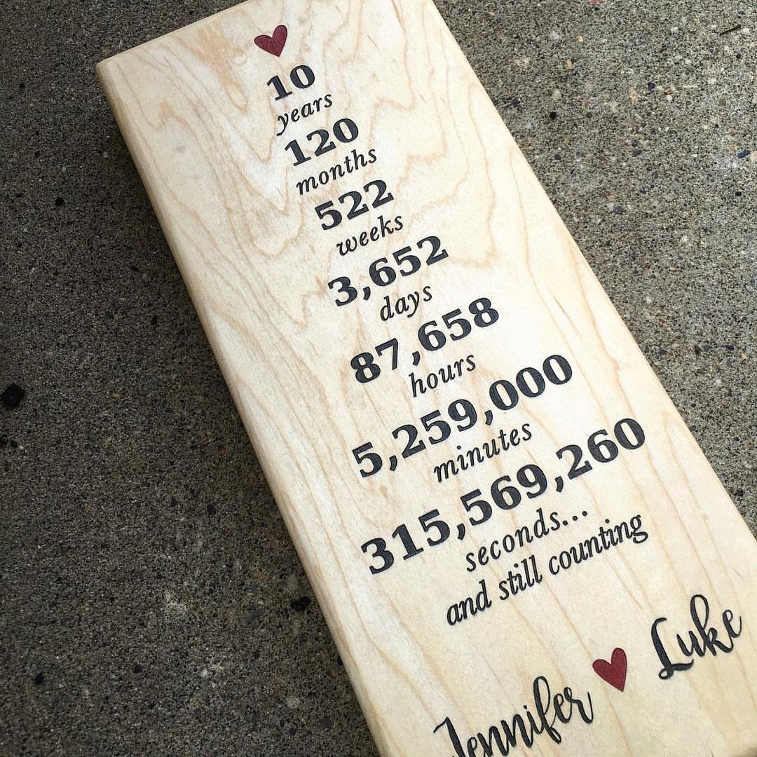 Engraved wooden plank listing time elapsed for a ten year wedding anniversary gift